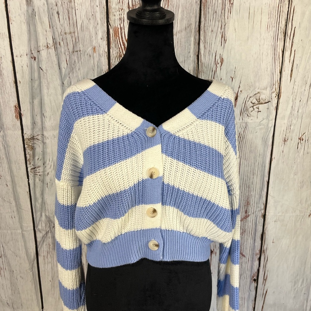 Moon & Madison Blue and Cream Striped Cardigan Small